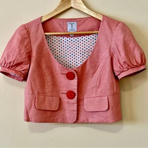 Tristan| Red Linen Short Puffed Sleeve Cropped Retro-Style Overcoat Size US 4
